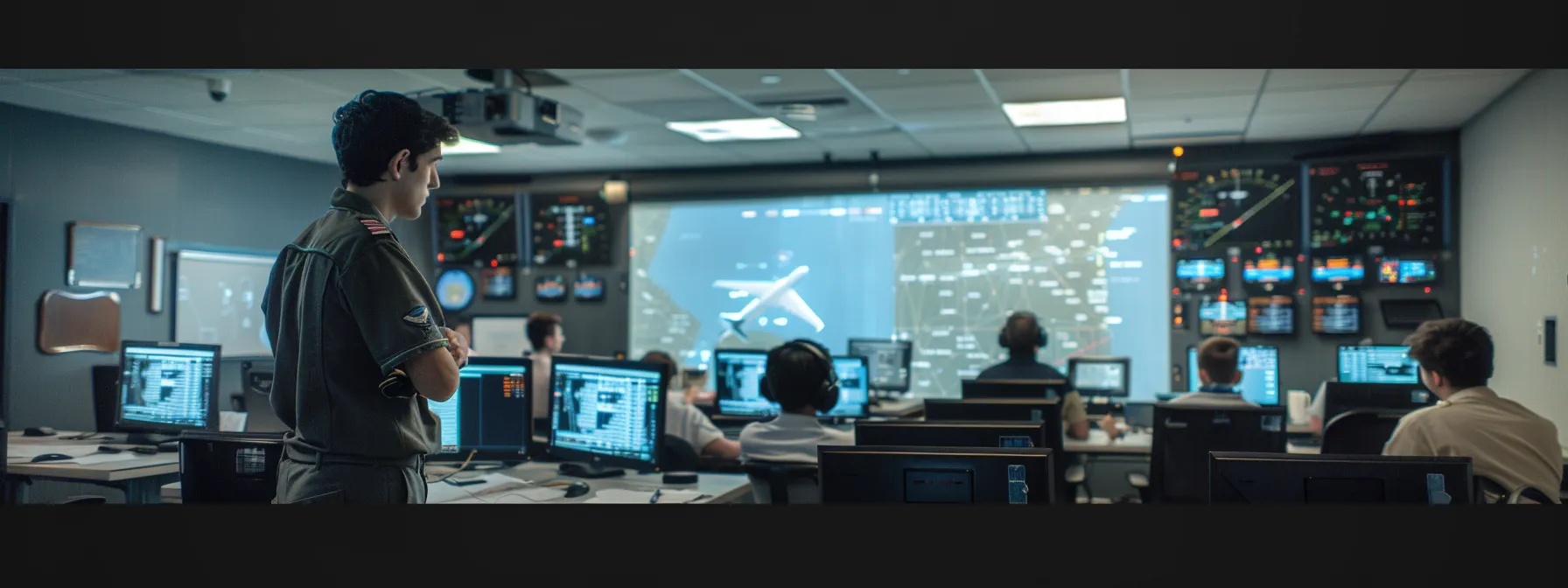 a focused aviation training room showcases a knowledgeable flight instructor engaging with a diverse group of eager students, surrounded by flight manuals, simulation equipment, and a large wall display featuring aircraft regulations, emphasizing qualifications and effective communication for aspiring pilots.