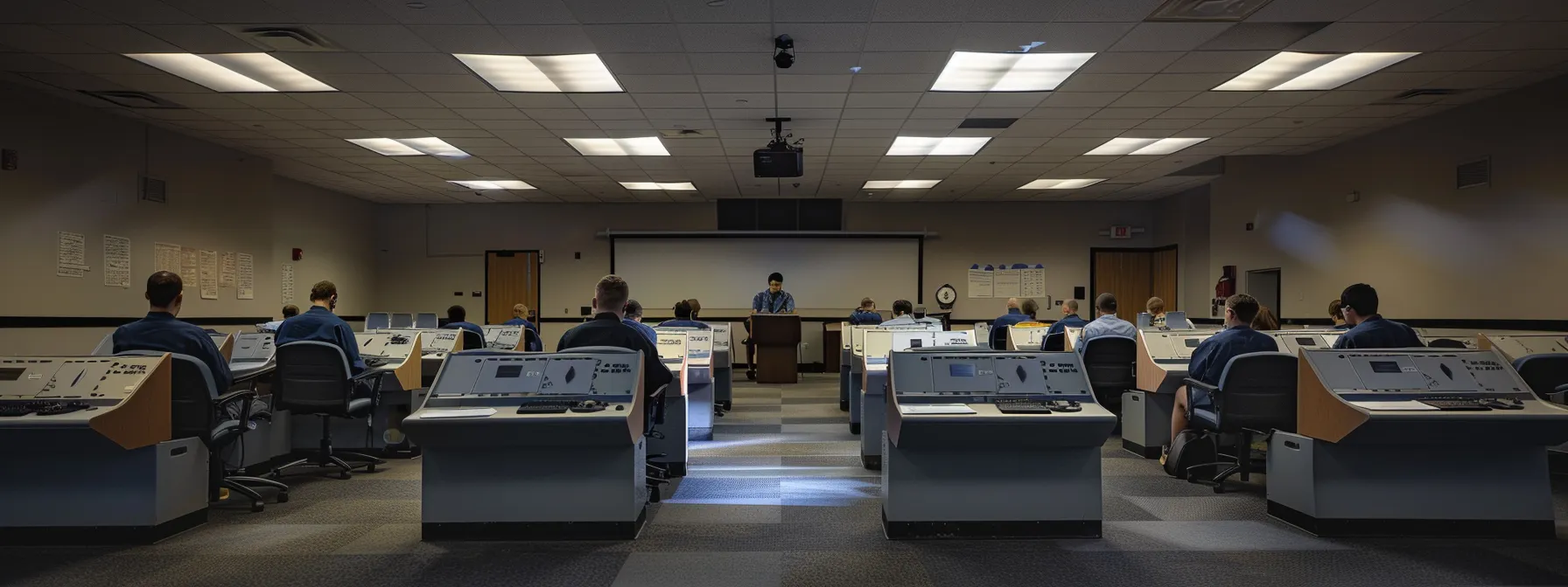 a polished training room filled with sophisticated flight simulation equipment and focused students actively engaged in a dynamic lesson, illuminated by the soft glow of overhead lights, conveying the excitement and professionalism of pilot training.